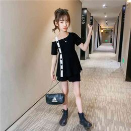 Teen Clothing Sets 8 10 12 Years Old 2 Pcs One Off Shoulder Suit For Summer Fashion Girls Clothes 210326