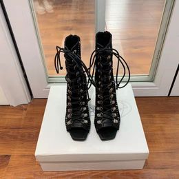 Italian designer boots peep-toe stiletto heel with zipper diamond deerskin material after high quality
