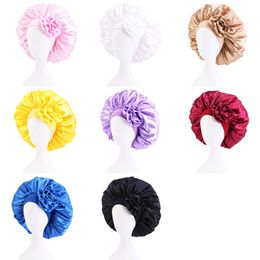 Extra Large Caps Solid Satin Bonnet with Wide Stretch Big Flower Decor Hair Care Cap Women Night Sleep Hat Silky Head Wrap Shower Cap