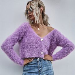 BLSQR Sexy Knitted Cardigans Sweater Women V-Neck Long Sleeve Buttons Female Ladies Mohair Short Pullover Jumpers 210430