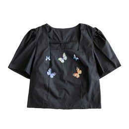 Women Shirt Solid Short Sleeve Puff Summer Slash Neck Cropped Butterfly 3D B0606 210514