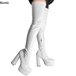 Rontic Individual Customization Women Spring Stretch Thigh Boots Chunky Heels Round Toe Elegant White Cosplay Shoes US Size 5-15