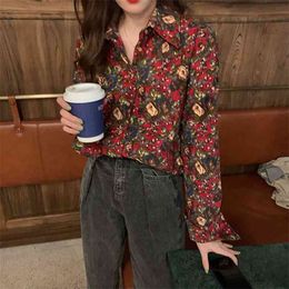 Spring Autumn Korea Fashion Women Long Sleeve Loose Shirt Corduroy Print Vintage Turn-down Collar Blouse Ladies Tops S458 210512