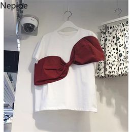 T Shirts Fashion Summer Women Korean Bow Knot Cotton O Neck Short Sleeve Top White Ladies All Match Loose Tee 1A597 210422