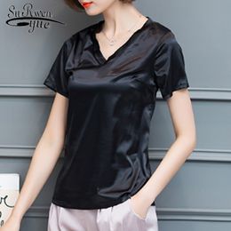 Fashion Ladies Clothing Shirt Sexy V-neck Short Sleeve Summer Arrival Silk T-shirt black white shirt tops 4605 50 210521
