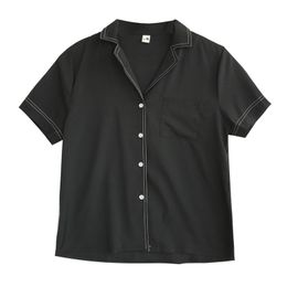 Women Black White Beige Turn Down Collar Short Sleeve Button Shirt Blouse Solid Summer B0072 210514