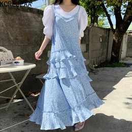 Korejpaa Women Dress Sets Summer Korean Simple Loose Bubble Sleeve Shirt and Wave-point Pleated Ruffles Cake Sling Vestido 210526
