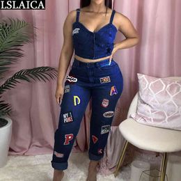 Two Piece Set Women Spaghetti Strap Tops Woman Pants Denim 2 Embroidery Button Pockets Sexy Club Lounge Wear 210520