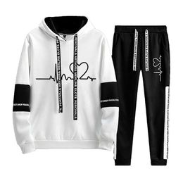 Tracksuit Women Hoodies Sweatshirt and Pants Sets Pullover Hooded Sweatshirts White Black Autumn Spring Outfits Suit Female 210930