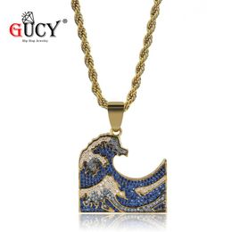 Pendant Necklaces GUCY The WavesPendant Necklace Gold Colour Iced Out Micro Pave Cubic Zirconia Stones Hip Hop Pendants & For Men Women