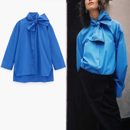 ZA Blue Long Poplin Shirt Women Vintage Long Sleeve Tied Collar Asymmetric Tops Woman Fashion Button Up Spring Blouse 210602