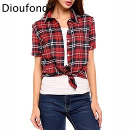 Dioufond New Arrivals Red Plaid Short Sleeve Ladies Tops Shirt Casual Turn-down Collar Women Clothing Summer Classic Blouse X0521