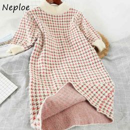 Neploe Plaid Panelled Patchwork Warm Dresses Women Turtleneck All-match Knitted Dress Autumn New Fresh Sweet Vestidos 210423