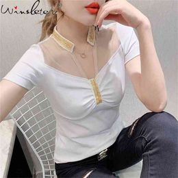 Summer European Style T-Shirt Fashion Sexy V-Neck Drape Mesh Patchwork Shiny Beads Women Tops Bottoming Shirt Tees T13116A 210421