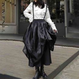 organza dark Skirt women's summer high waist black mid-claf strap skirt female tide 5E150 210427