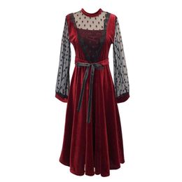 Black Wine Red Stand Collar Lace Mesh Dot Patchwork Bow Velvet Long Sleeve Midi Dress Fit And Flare Elegant D0872 210514
