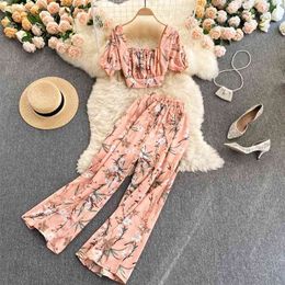 Summer Women Holiday Style Chiffon Printing Two Piece Set Short Shirt High Waist Wide Leg Pants Ladies Idyllic Sets 210430