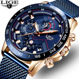 LIGE Mens Watches Fashion Blue Quartz Watch Men Business Dial Waterproof Quartz Clock Male Mesh Belt Sport Chronograph 210527
