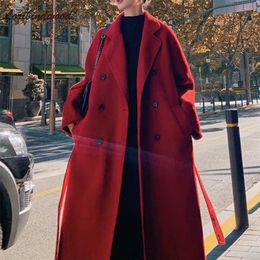 Red Woollen Coat Women's Mid-length Korean Version of The Autumn and Winter Over-the-knee Loose Temperament Woollen Coat 211104