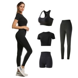 2/3/4PCS Yoga Set Workout Sportswear Seamless Women Gym Clothing Fitness Shorts Sleeve Crop Top High Waist Leggings Sports Suits 210802