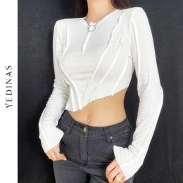 Yedinas European Irregular Crop Top Long Sleeve Hypotenuse Chic Design T-shirts Women Sexy Slim Streetwear Grunge Tee Shirts 210527