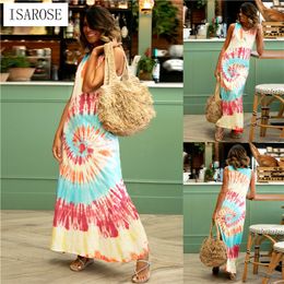 ISAROSE Straight Beachwear Women Sleeveless Ankle Length Spirals Tie Dye Ethnic Summer Dress Boho Trendy Stretch Tank Dresses 210422