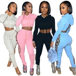 Fall winter Women sweatsuits Solid Outfits Long Sleeve Tracksuits Pullover Hooded Hoodies crop top+pants bandage two piece set Plus Size 2X Jogger Suits 5582