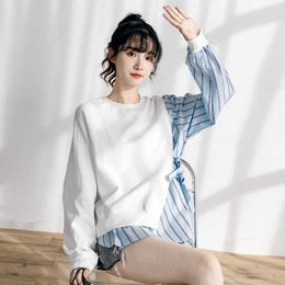 Full O Neck T-shirt Women's Spring and Autumn Loose Fake Two-Piece Patchwork Tops 210615