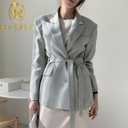 Autumn Solid Blazers Women Korean Work Wear Formal Blazer Loose Elegant OL Suit Collar Jacket Female with Belt 210506
