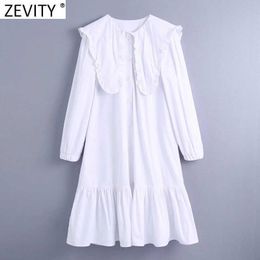 Zevity Women Sweet Big Peter Pan Collar Hem Pleat Ruffles White Shirtdress Female Agaric Lace Vestidos chic Dresses DS4957 210603