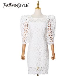 TWOTWINSTYLE Elegant White Dress For Women O Neck Puff Sleeve High Waist Hollow Out Dresses Female Fashion Clothing 210517