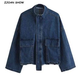 Safari Autumn Drop Shoulder Loose Denim Jacket Free Style Women Lapel Pockets Zipper Draped Jean Coat Cool Outerwear Blue 210429