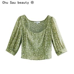 Chic Summer Women's Retro Elastic Floral French Green Square Collar Puff Sleeve Shirt Top Half Sleeve Vintage Female 210508