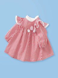 Baby Striped Print Lace Trim Floral Appliques Dress SHE