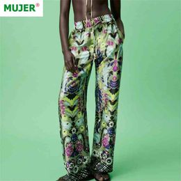 Za Wide Pants for Women Green Print Oversize High Waist Woman Trousers Summer Baggy Suits Streetwear 210925