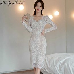 Summer Sexy V-neck Flower Lace Pencil Bodycon Dress Women Hollow Out Sheath Dresses office OL Work Vestidos 210529