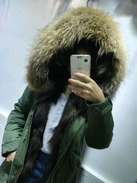 Women's Fur & Faux Wholesale Army Green Jacket Black And Inside Coats Large Natural Raccoon Collar Hooded Outerwear