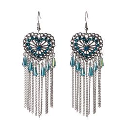 Classic Ethnic Women's Red Heart Silver Color Long Tassel Earrings Bohemia Crystal Beads Wedding Earrings Hangers