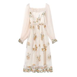 PERHAPS U Women Apricot Mesh Floral Embroidery Mesh Dress Square Collar Lantern Long Sleeve Evening Midi Dresses Retro D2601 210529