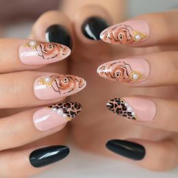 -Falsche Nägel Rosa Gefälschte Presse auf volle Abdeckung Acryl Nagelspitzen Blume Mandel Medium mit Design Perle Dekoration