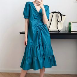 Women Blue Big Size Shirring Ruffles Long Dress V-neck Half Puff Sleeve Loose Fashion Spring Summer 2F0497 210510