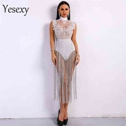 Yesexy Sexy Women Tassel Playsuit Overalls High Neck Sleeveless Lace See Through Glitter Tassel Bodysuit VR8901 210720