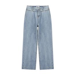 Women Light Blue Zipper Button Solid Jeans Pocket High Street Wide Leg Pants Length P0007 Autumn Winter 210514