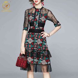 Fashion Summer Slim Knee-Length Dress Women's O-Neck Half Sleeve Elegant Embroidery Flowers Party Vestidos 210520