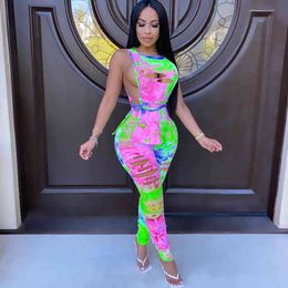 Summer Sexy Two Piece Pants Set Women Crop Top and Stacked Pants Set Party Tie Dye Bodycon 2 Piece Club Outfits for Women 2020 X0428