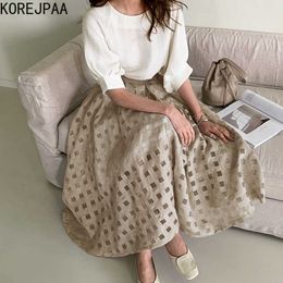 Korejpaa Women Set Summer Korean Chic Temperament Round Neck Loose Puff Sleeve Shirt High Waist Hollow Box Skirt 210526