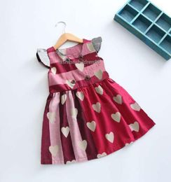 Summer Children Clothes Girls Dresses Brand Kids Puff Sleeveless Peach Heart Printed Lotus Leaf Collar Baby Girl Plaid Dress Party Clothing