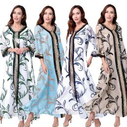 abaya khimar UK - Ethnic Clothing Islamic Muslim Fashion Print V-neck Women Abaya Turkey Dubai Ramadan Khimar Long Robe Kaftan Evening Hijab Dress