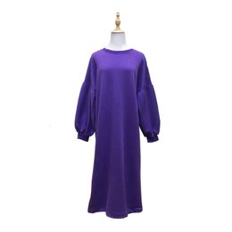 Purple O Neck Puff Sleeve A Line Midi Casual Solid Winter Autumn Fleece Warm Women Dress Pullover D0800 210514