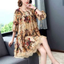 Spring Summer Mulberry Silk Midi Dresses 4XL Plus Size Vintage Lace Print Runway Dress Elegant Women Bodycon Party Vestidos 210323